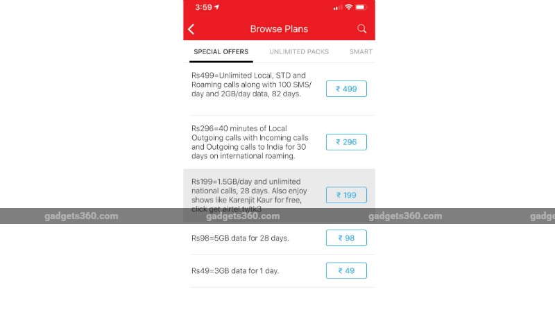 airtel rs 199 recharge 1 5 gb per day data benefits gadgets 360 Airtel
