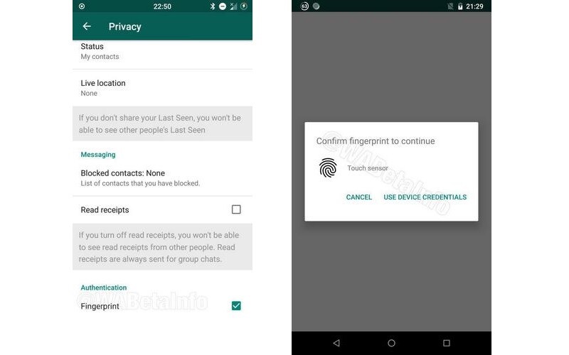 whatapp fingerprint two screenshots wabetainfo WABetaInfo